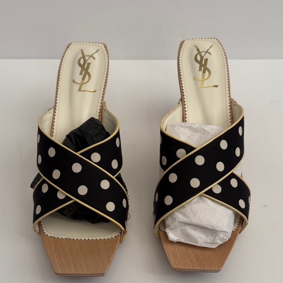 Yves Saint Laurent Shoes - YSL Black & Ivory Lolita Dot Heeled Slides